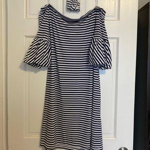 Donna Morgan Strapless Navy & White Striped Dress w/ Waist Tie Size 14